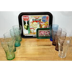 Vintage COCA COLA Metal Serving Trays & Drinking Glass Set-Collector’s-VG Cond.